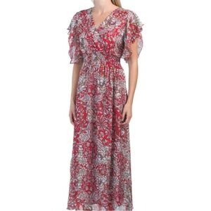 Le Ragazze Made in Italy Silk Blend Red Floral Flutter Sleeve Elegant Maxi Dress